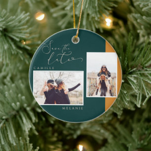 Modern, Minimal Elegant Gold&Teal Two Tone 2 Photo Ceramic Tree Decoration