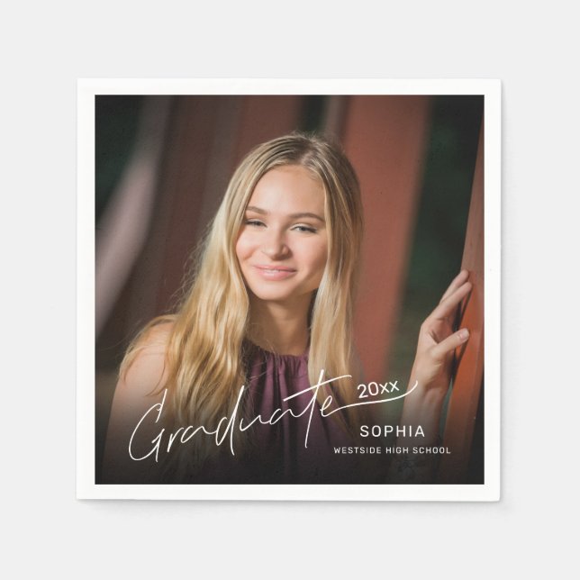 Modern Minimal Elegant Graduate Script Photo Napkin (Front)