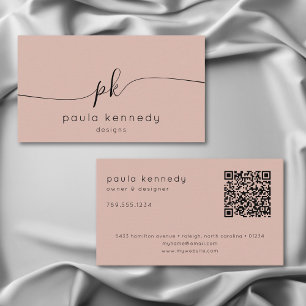 Modern Minimal Elegant Monogram Pink Blush QR Code Business Card