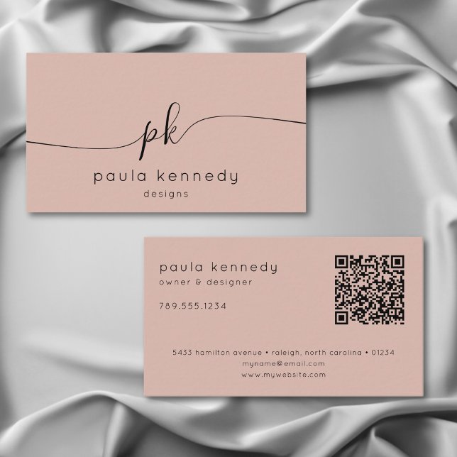 Modern Minimal Elegant Monogram Pink Blush QR Code Business Card (Creator Uploaded)
