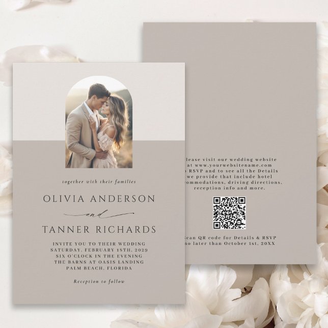 Modern Minimal Elegant Photo Arch QR code Wedding Invitation (Available in both printed and instant download digital formats.)