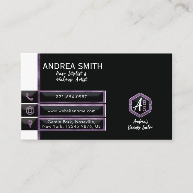 Modern Minimal Elegant Purple Glitter Metal Foil Business Card (Front)