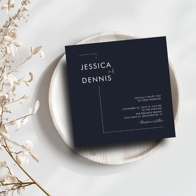 Modern Minimal Elegant Script Dark Navy Square Wed Invitation (Creator Uploaded)