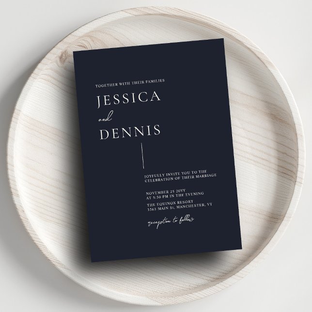 Modern Minimal Elegant Script Dark Navy Wedding Invitation (Creator Uploaded)