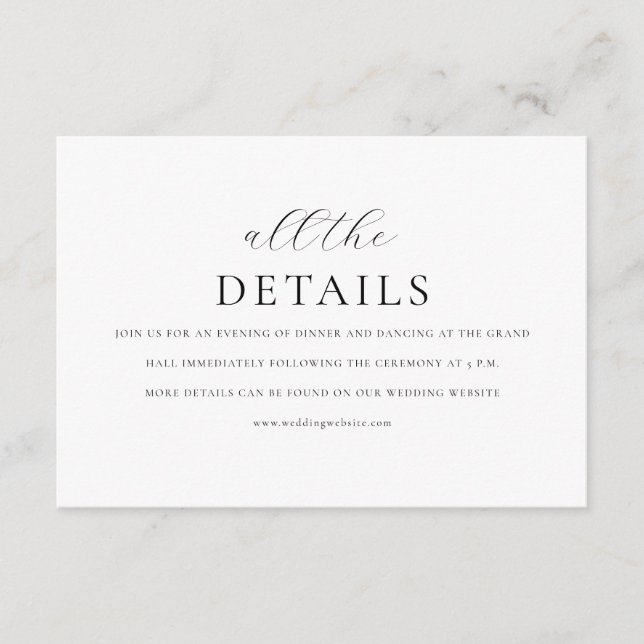 Modern Minimal Elegant Script Details Wedding Enclosure Card (Front)