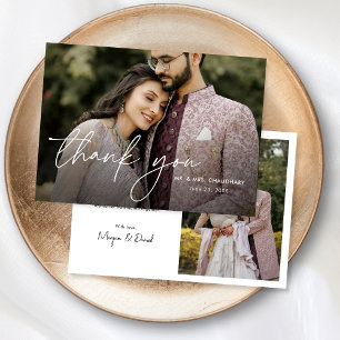 Modern Minimal Elegant Script Two Photo Wedding Thank You Card
