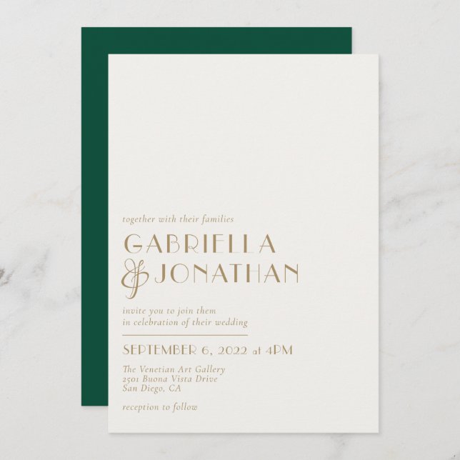 Modern Minimal Emerald Green Gold Invitation (Front/Back)