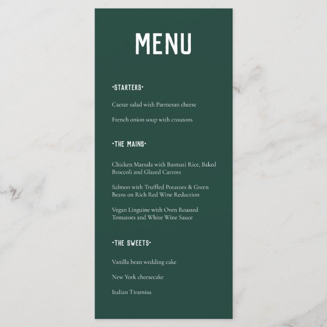 Modern Minimal Emerald Green Typography Wedding Menu (Front)