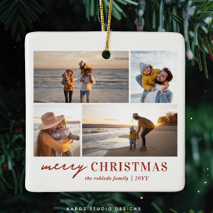 Modern Minimal Family 4 Photo Collage Christmas Ceramic Ornament