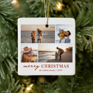 Modern Minimal Family 4 Photo Collage Christmas Ceramic Ornament