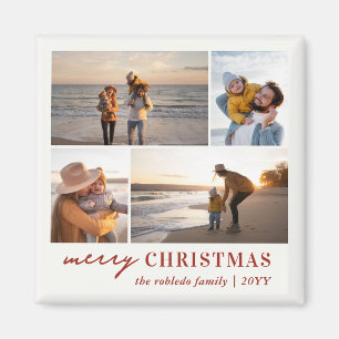 Modern Minimal Family 4 Photo Collage Christmas Magnet