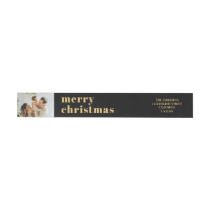 Modern Minimal Family Photo Black Christmas Wrap Around Label