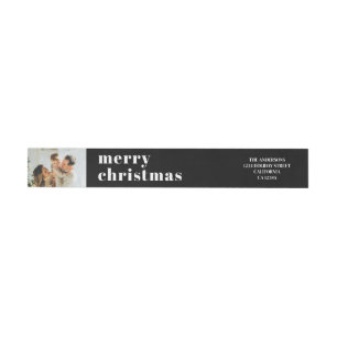 Modern Minimal Family Photo Black Christmas Wrap Around Label