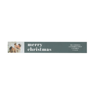 Modern Minimal Family Photo Dark Green Christmas Wrap Around Label