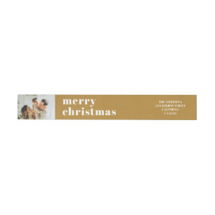 Modern Minimal Family Photo Gold Christmas Wrap Around Label