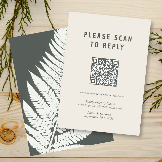 Modern Minimal Fern Botanical Woodland QR Code RSVP Card (Creator Uploaded)