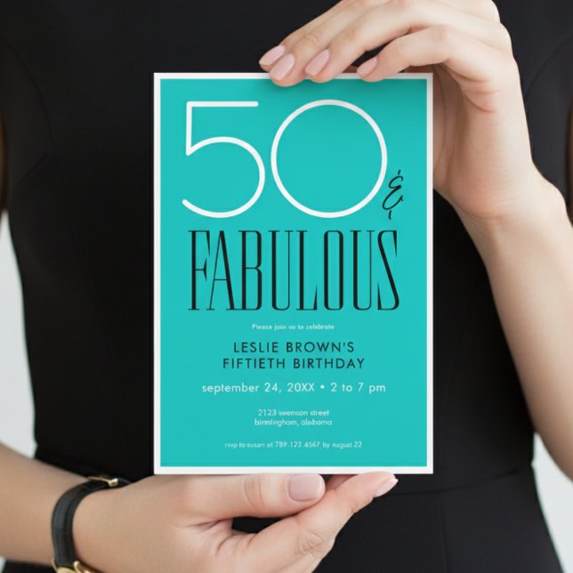 Modern Minimal Fifty Fabulous Bright Aqua Birthday Invitation (Creator Uploaded)