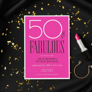 Modern Minimal Fifty Fabulous Bright Pink Birthday Invitation