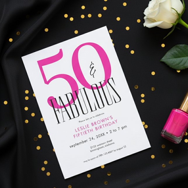 Modern Minimal Fifty Fabulous Bright Pink Birthday Invitation (Creator Uploaded)