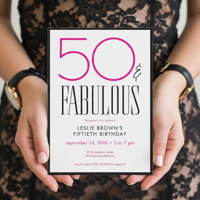 Modern Minimal Fifty Fabulous Pink White Birthday Invitation (Creator Uploaded)