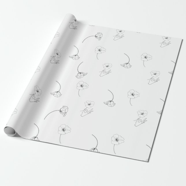 Modern Minimal Floral Pattern Black & White Wrapping Paper (Unrolled)