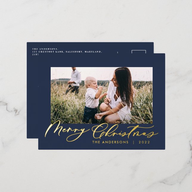 Modern minimal foliage 1 photo script elegant blue foil holiday postcard (Front/Back)