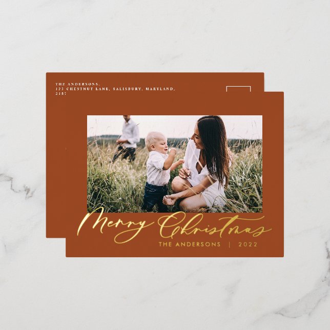 Modern minimal foliage 1 photo script elegant rust foil holiday postcard (Front/Back)