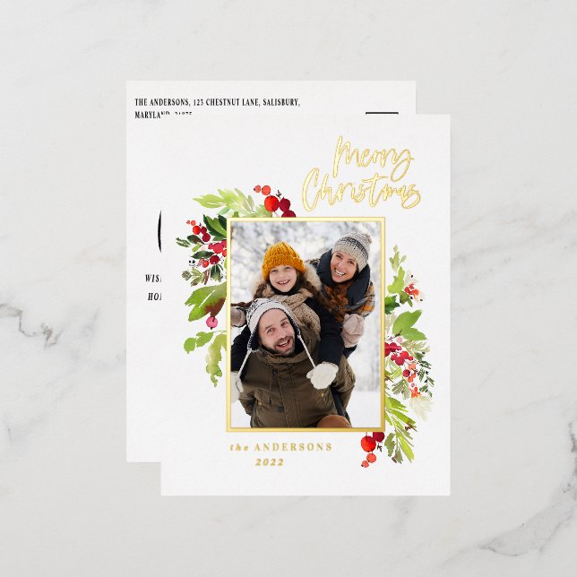 Modern minimal foliage elegant photo Christmas Foil Holiday Postcard (Front/Back)