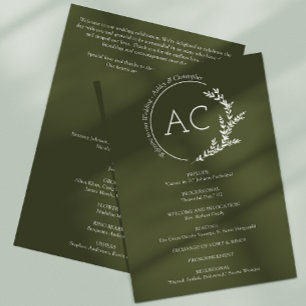 Modern Minimal Foliage Frame Olive Green Wedding Programme