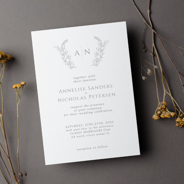 Modern minimal foliage leaf monogram wedding invitation (Creator Uploaded)