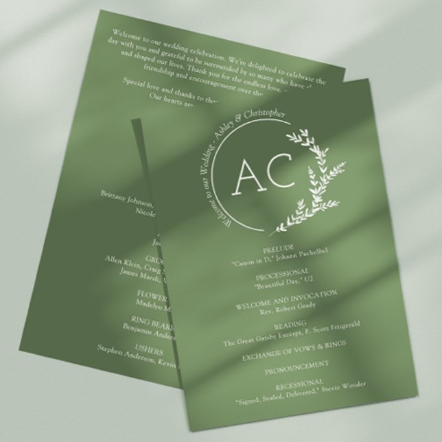 Modern Minimal Foliage Muted Olive Green Wedding Programme (Creator Uploaded)