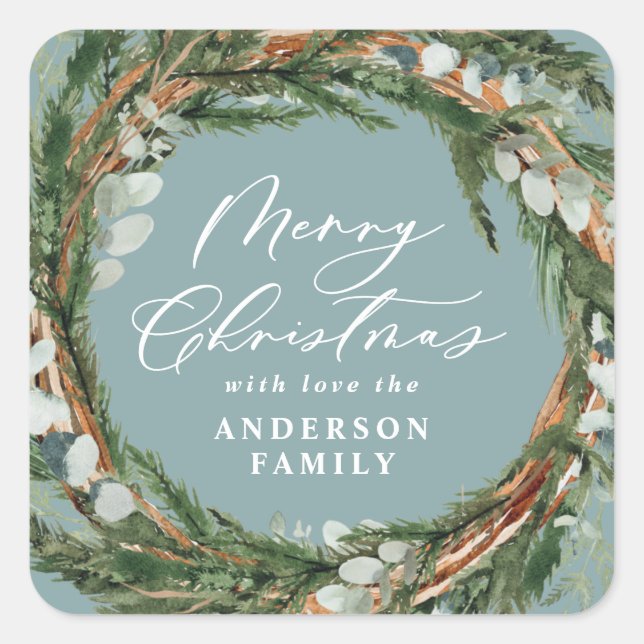 Modern minimal foliage wreath blue Christmas Square Sticker (Front)