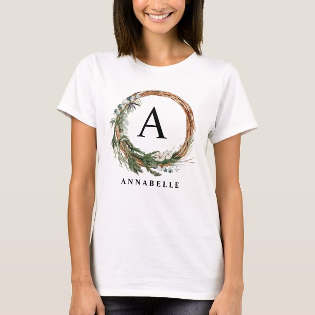 Modern minimal foliage wreath christmas family T-Shirt (Front)