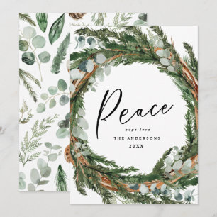 Modern minimal foliage wreath peace script holiday card