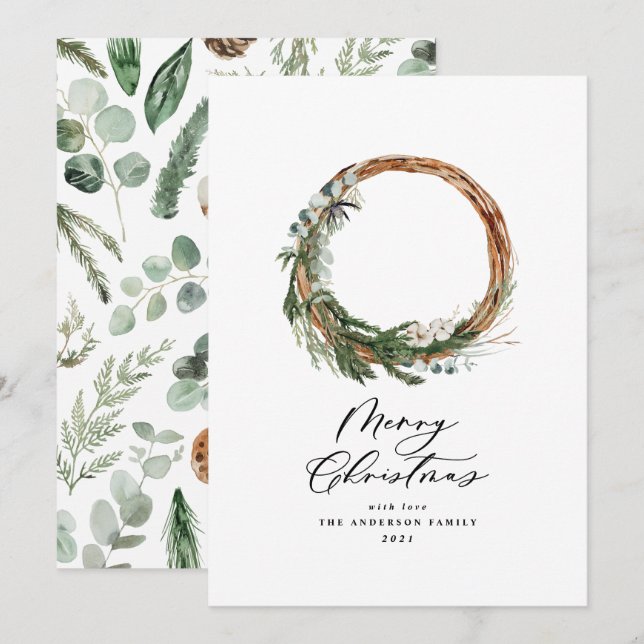Modern minimal foliage wreath peace script holiday card (Front/Back)