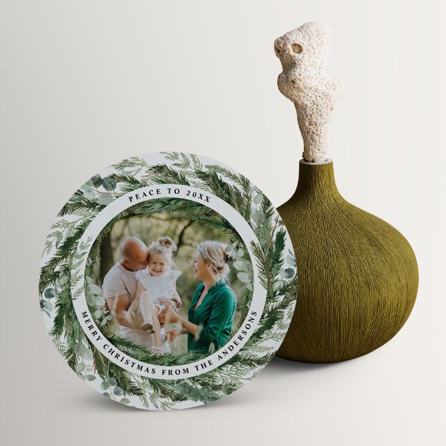 Modern minimal foliage wreath peace script holiday card (Creator Uploaded)