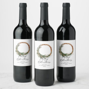 Modern minimal foliage wreath peace script holiday wine label
