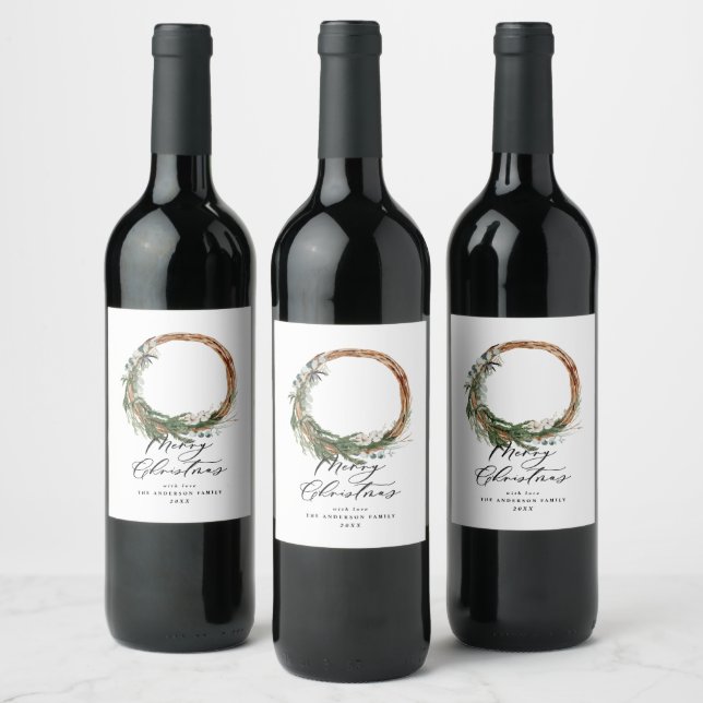 Modern minimal foliage wreath peace script holiday wine label (Bottles)