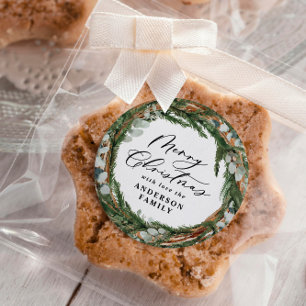 Modern minimal foliage wreath script Christmas Classic Round Sticker