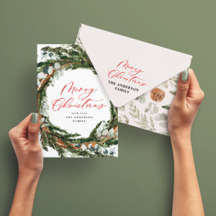 Modern minimal foliage wreath script Christmas Holiday Card