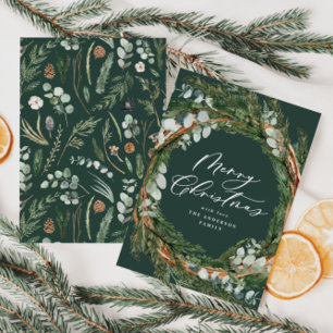 Modern minimal foliage wreath script Christmas Holiday Card