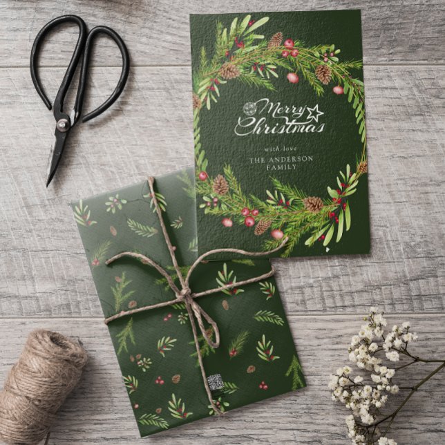 Modern minimal foliage wreath script Christmas  Holiday Card (Creator Uploaded)