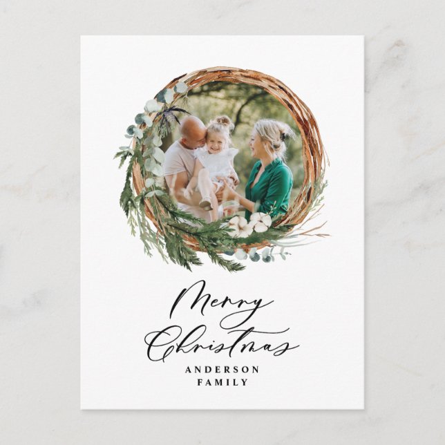 Modern minimal foliage wreath script Christmas Holiday Postcard (Front)