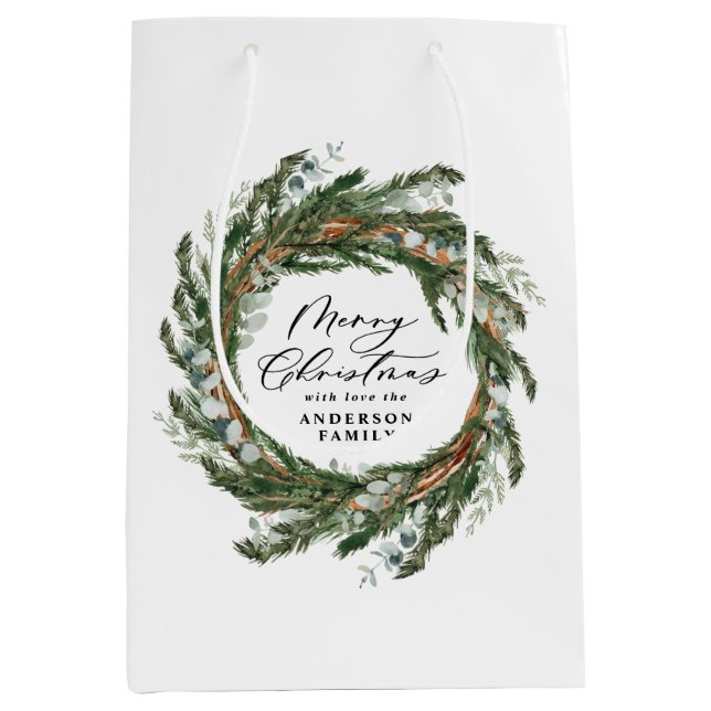 Modern minimal foliage wreath script Christmas Medium Gift Bag (Front)