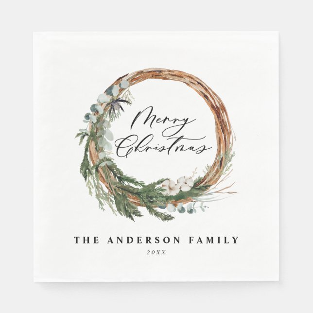 Modern minimal foliage wreath script Christmas Napkin (Front)