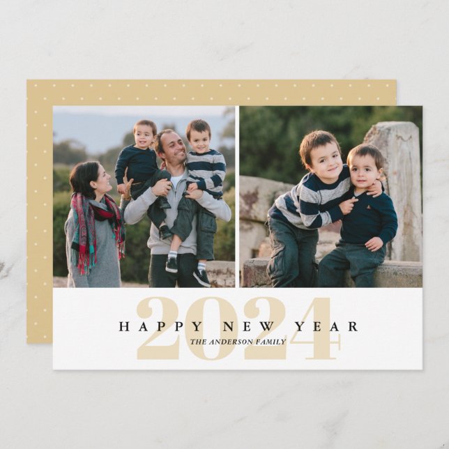 Modern Minimal Gold 2 Photo Happy New Year Holiday Card (Front/Back)