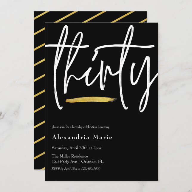 Modern Minimal Gold Brushstroke 30th Birthday Invitation (Front/Back)