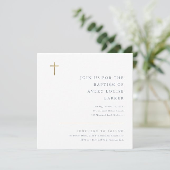 Modern Minimal Gold Cross Baptism Invitation (Standing Front)