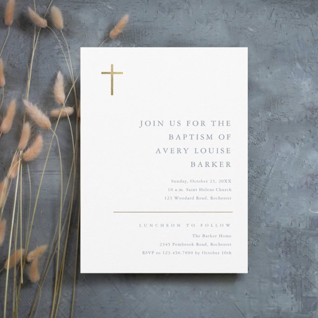 Modern Minimal Gold Cross Baptism Magnetic Invitation (Creator Uploaded)