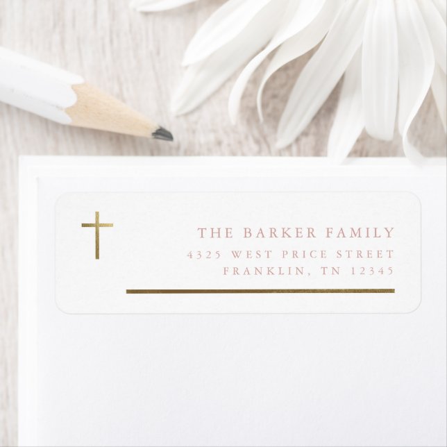Modern Minimal Gold Cross Baptism Return Address (Insitu)